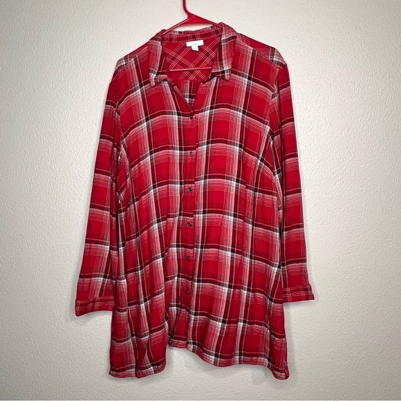 J Jill Womens 2X Red Plaid Button Up Tunic Top Long Sleeve Shirt Pockets - Picture 9 of 9